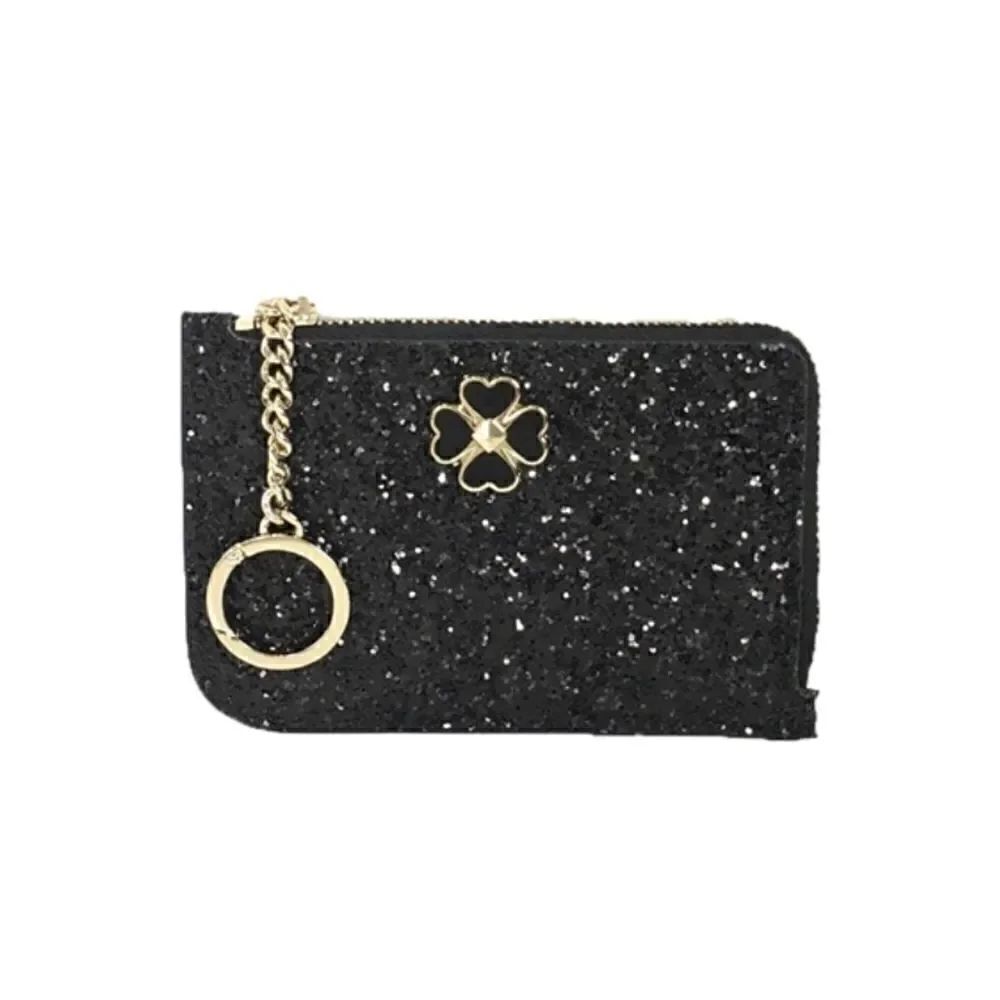 Kate Spade Odette Black Glitter L Zip Card Case Holder NWT